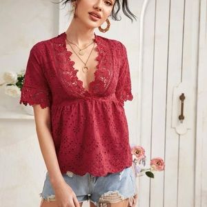 Contrast guipure lace schiffy babydoll blouse